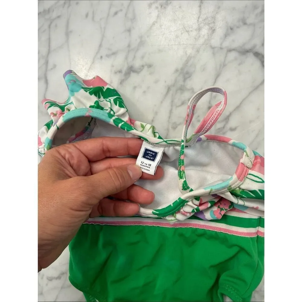 Janie and Jack Sz 12/18 Mo Green Floral One-Shoulder Swimsuit